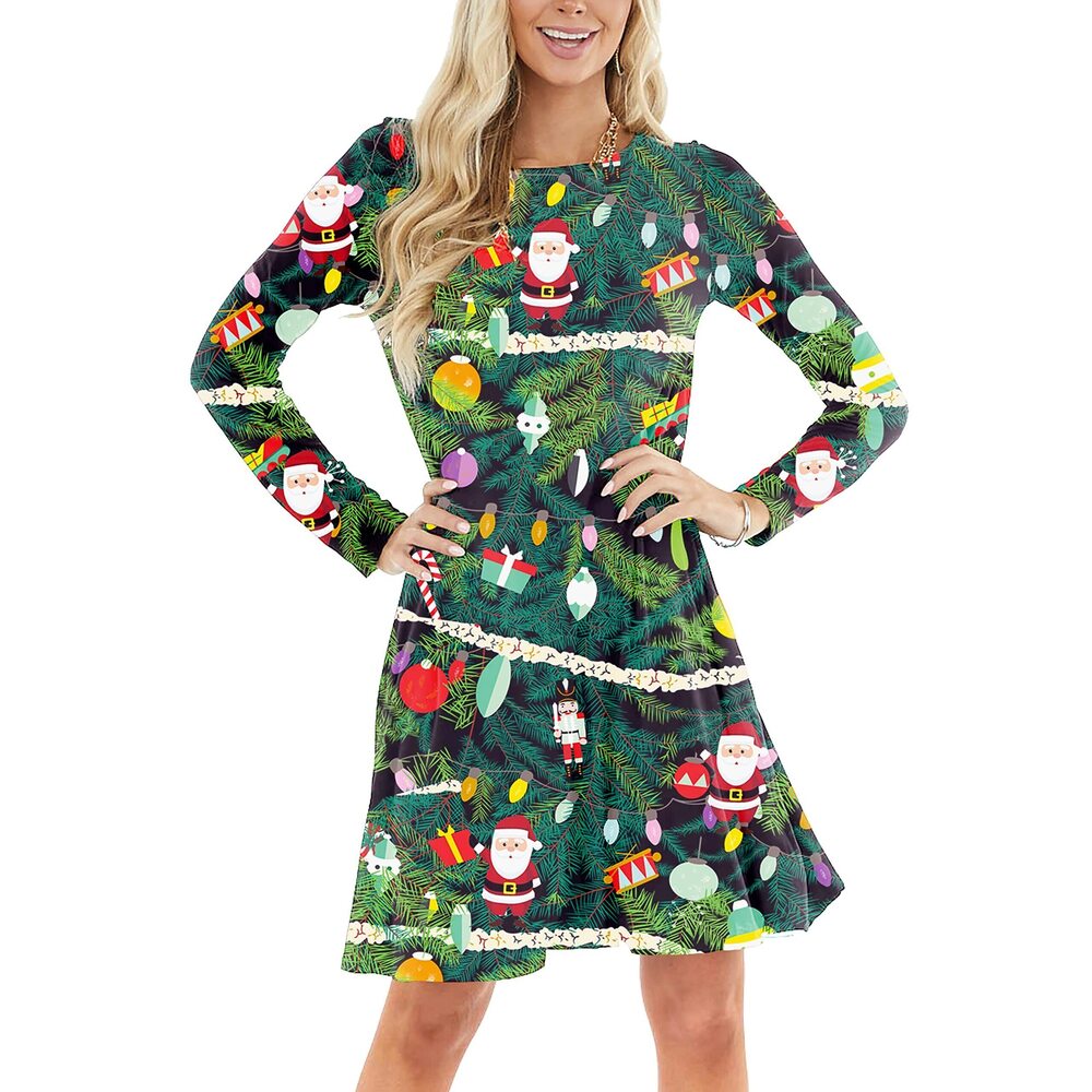 2033 Christmas Tree Dress Ugly A-Line Ugly Xmas Printed Dresses M